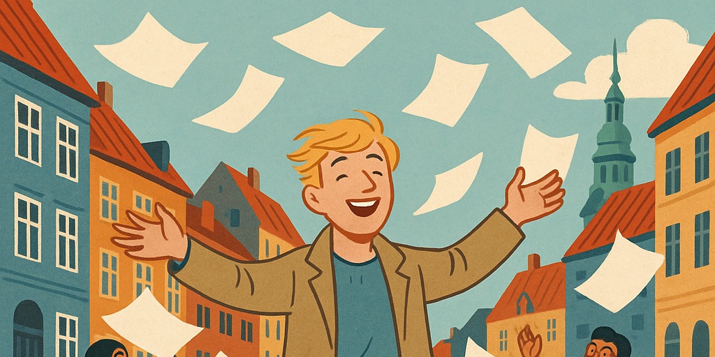 Three characters walking along Strøget, in Copenhagen, with exam papers