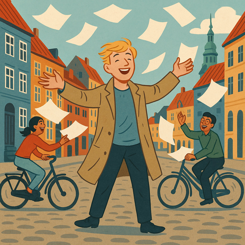Den Frie Prøvebank - happy young man distributing test papers to cyclists in Copenhagen