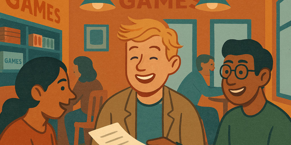 Three characters walking through a park in the snow, in Copenhagen, with exam papers