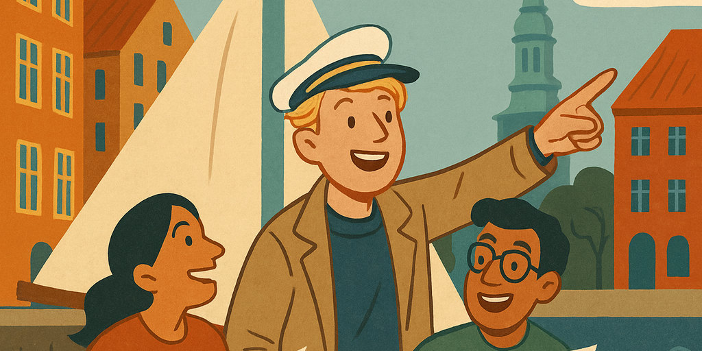 Three characters taking to the canals of Christianshavn, in Copenhagen, with exam papers