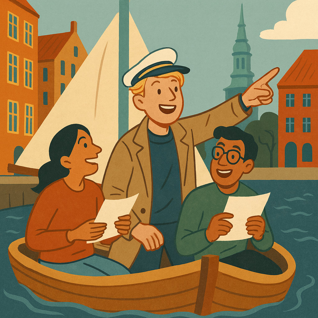 Den Frie Prøvebank - happy young man guiding two friends through the canals of Christianshavn