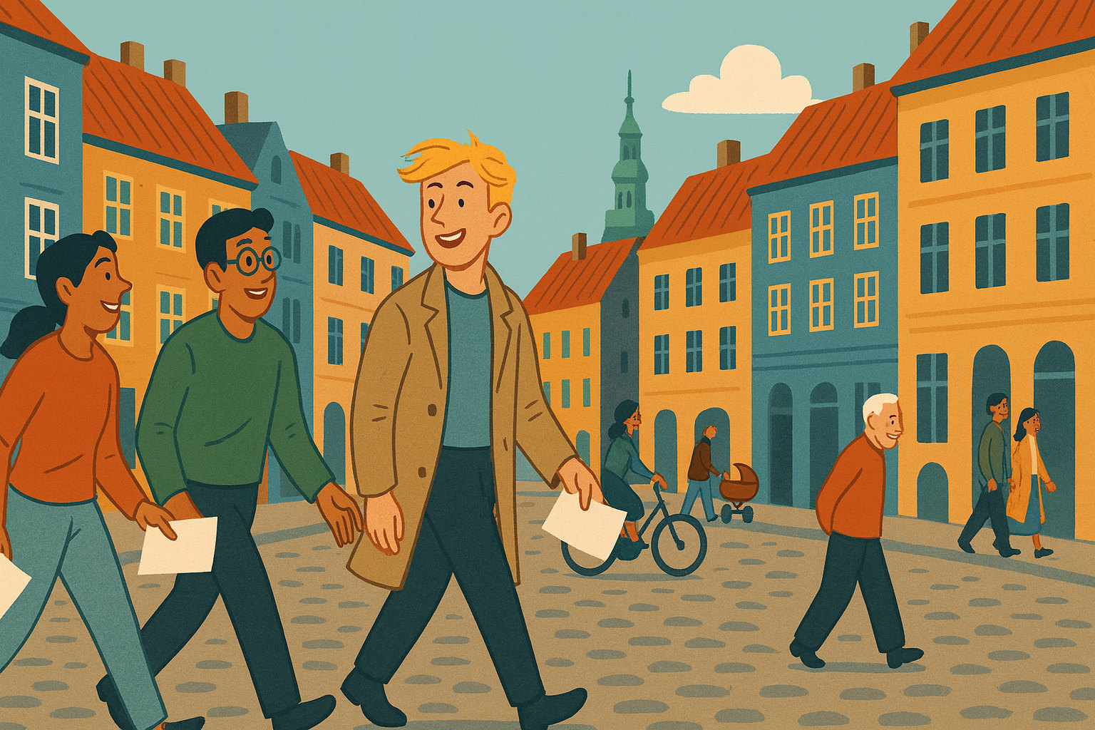 Three characters walking along Strøget, in Copenhagen, with exam papers