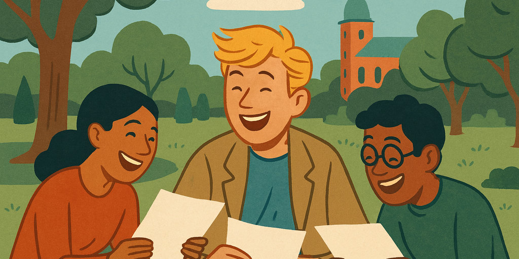 Three characters sitting in Kongens Have, in Copenhagen, with exam papers