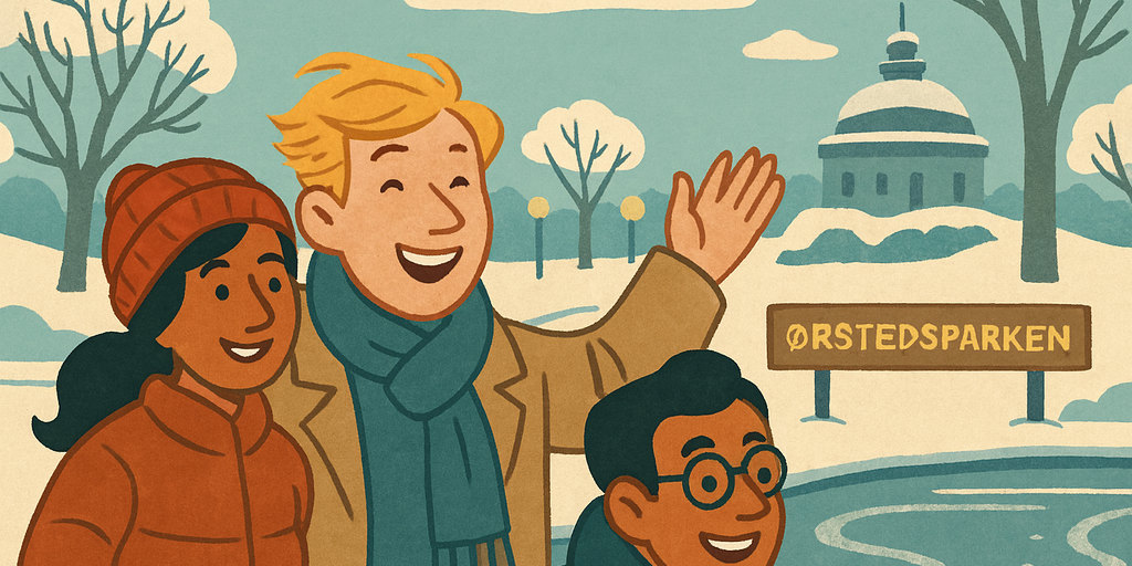 Three characters walking along Strøget, in Copenhagen, with exam papers